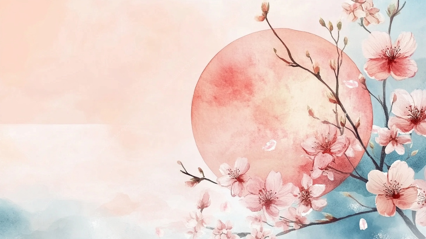 春日粉樱映月图
