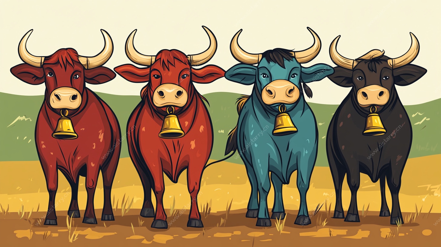 四色牛群田园图