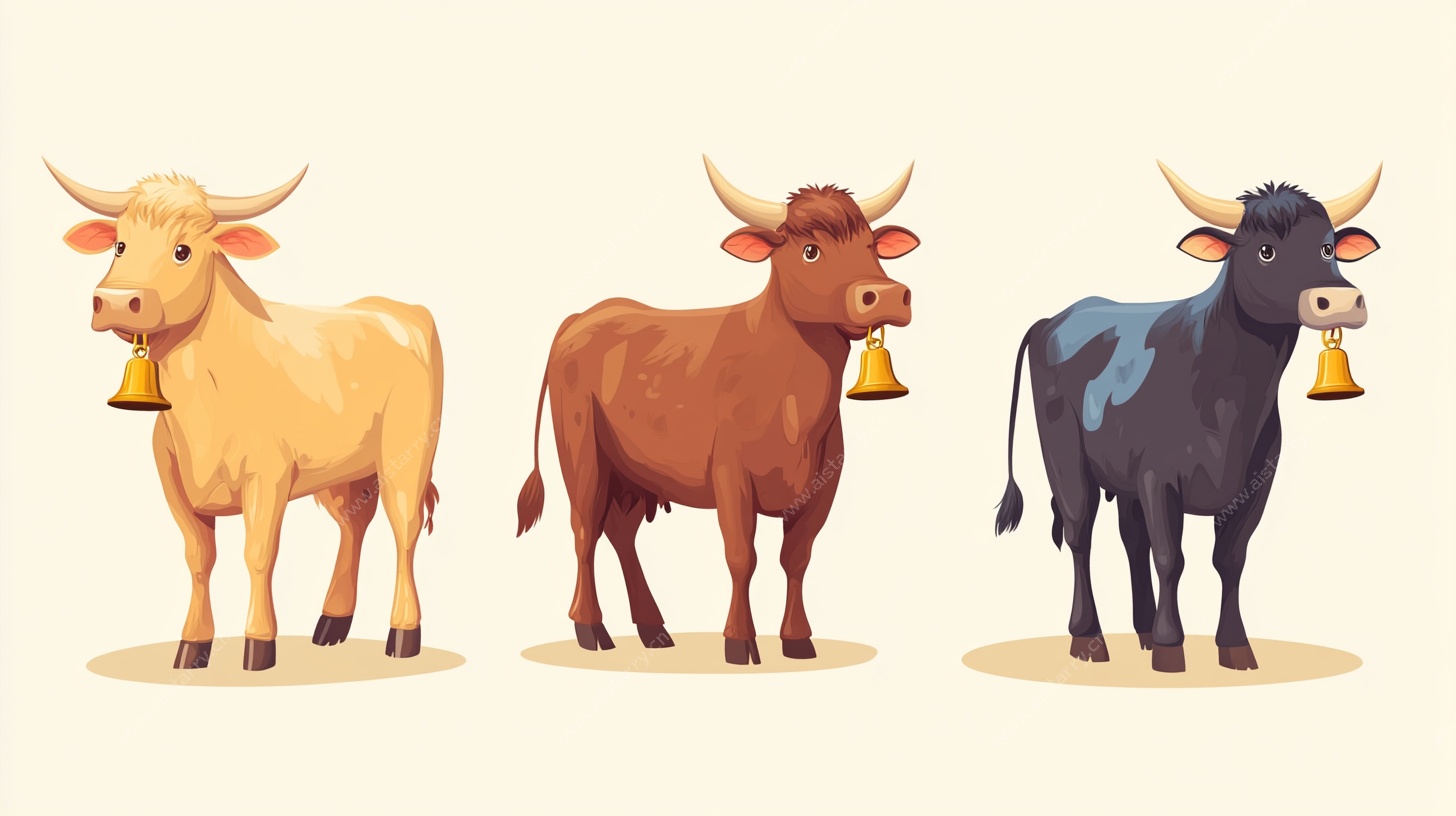 三头带铃牛插画作品