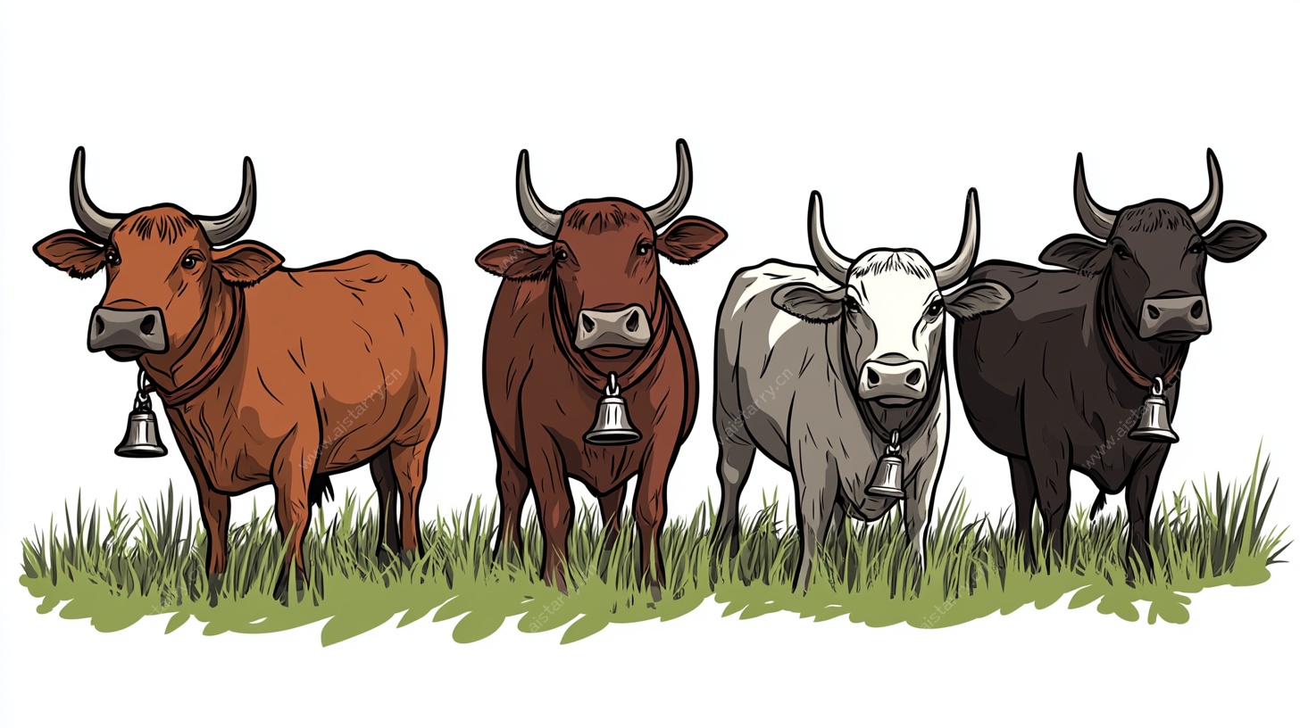 四只牛的田园插画