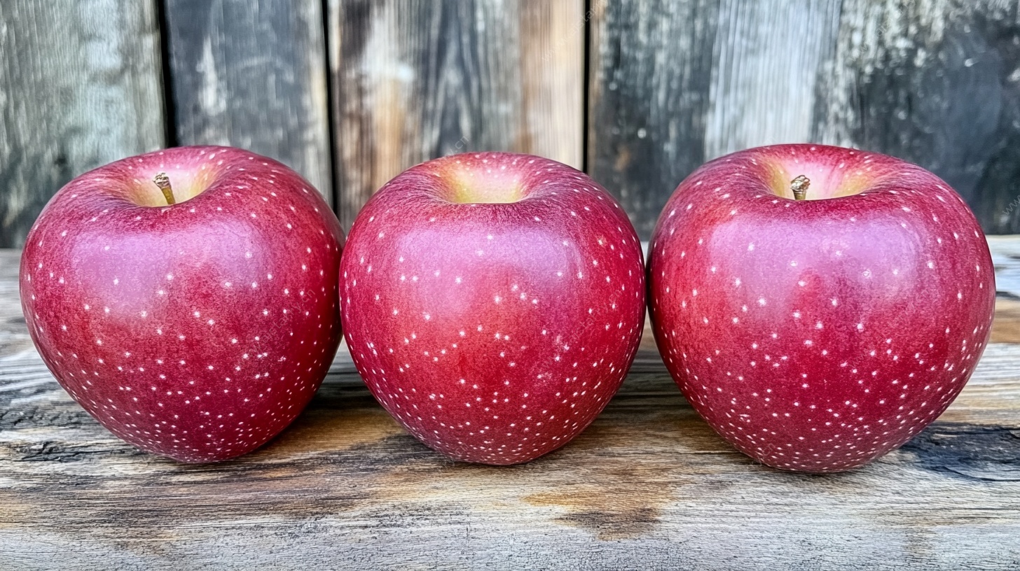 三颗红苹果置于木桌上
