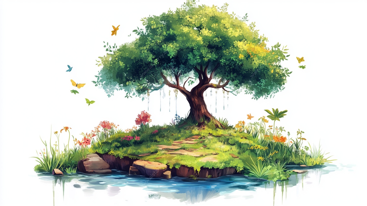 梦幻小岛绿树插画