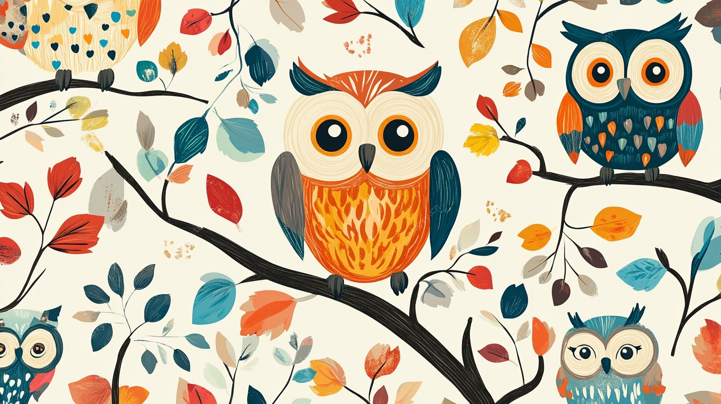 可爱猫头鹰与多彩树叶图案