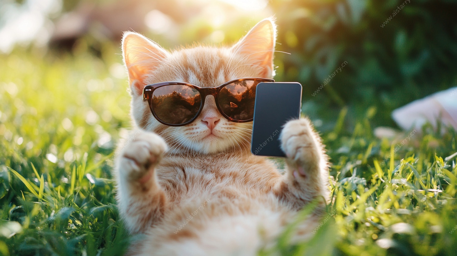 萌猫戴墨镜惬意自拍