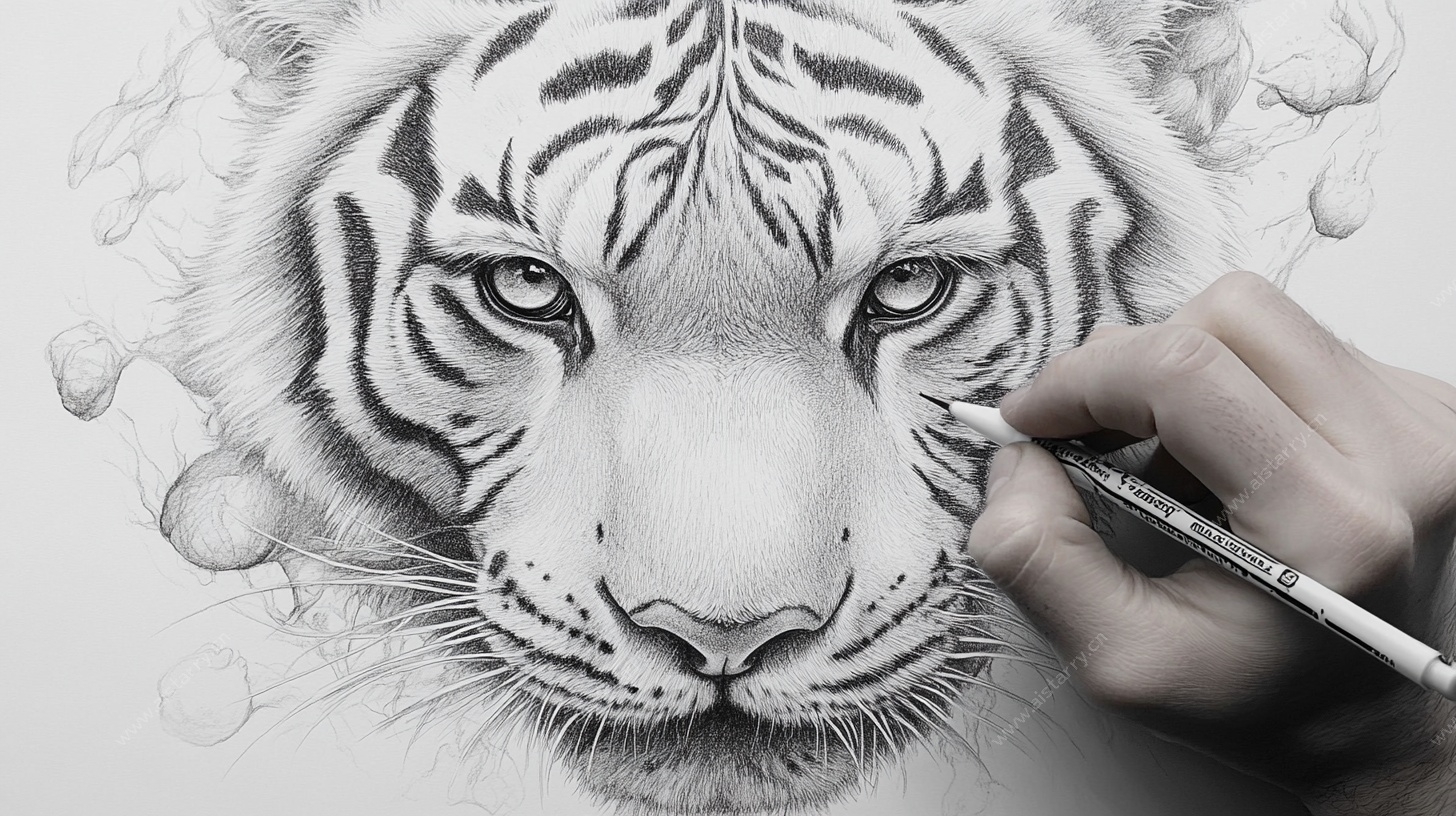 手绘老虎头像创作瞬间