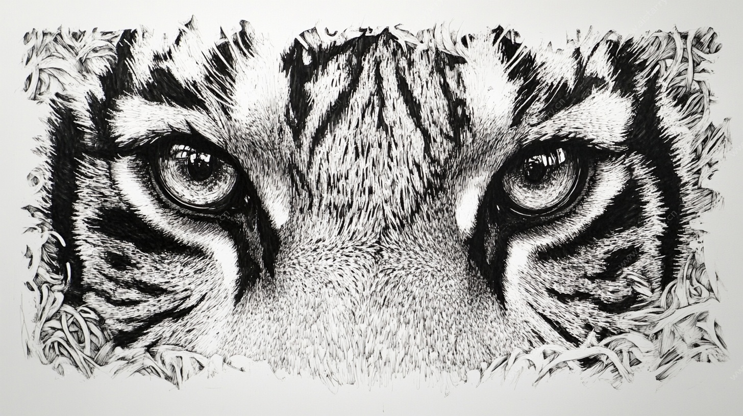 老虎双眼特写黑白画