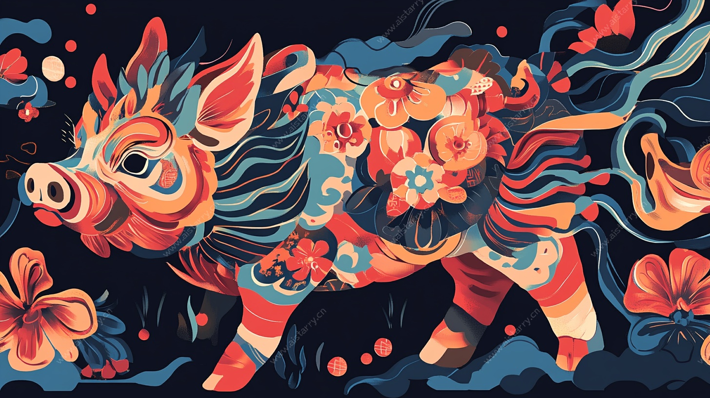 彩绘祥猪 灵动花卉相伴