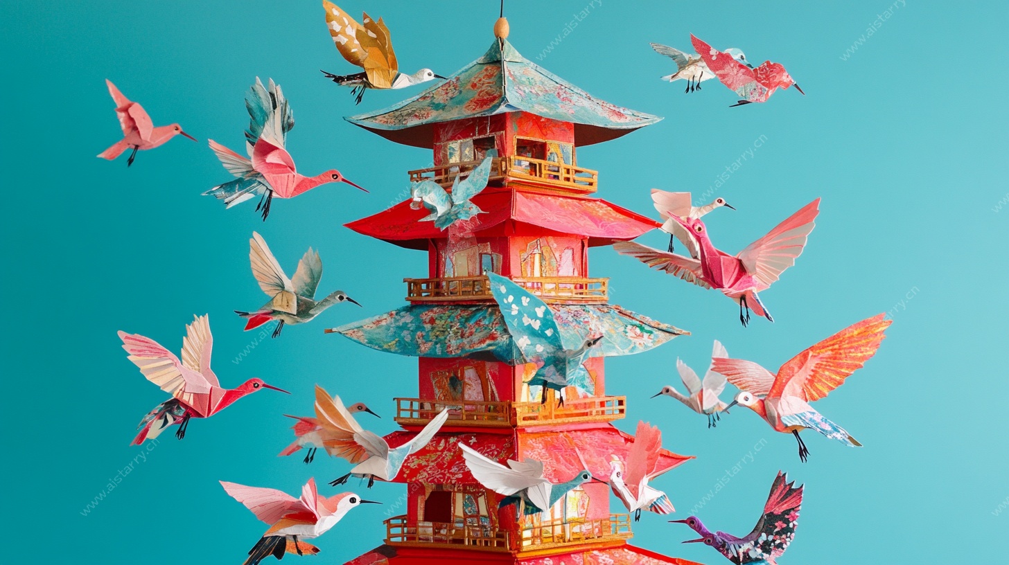 纸艺飞鸟绕古塔奇幻场景