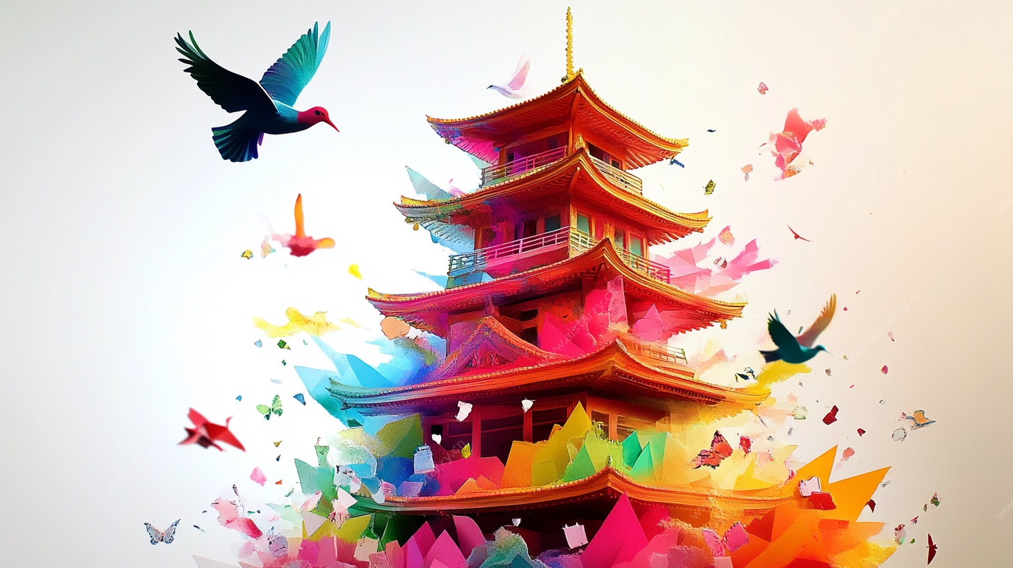 彩墨绘就的中式塔楼