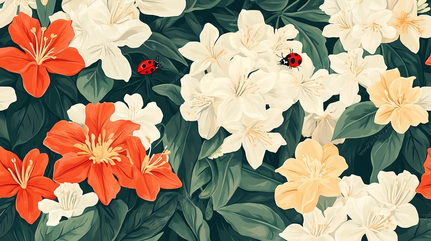 缤纷花卉瓢虫插画图