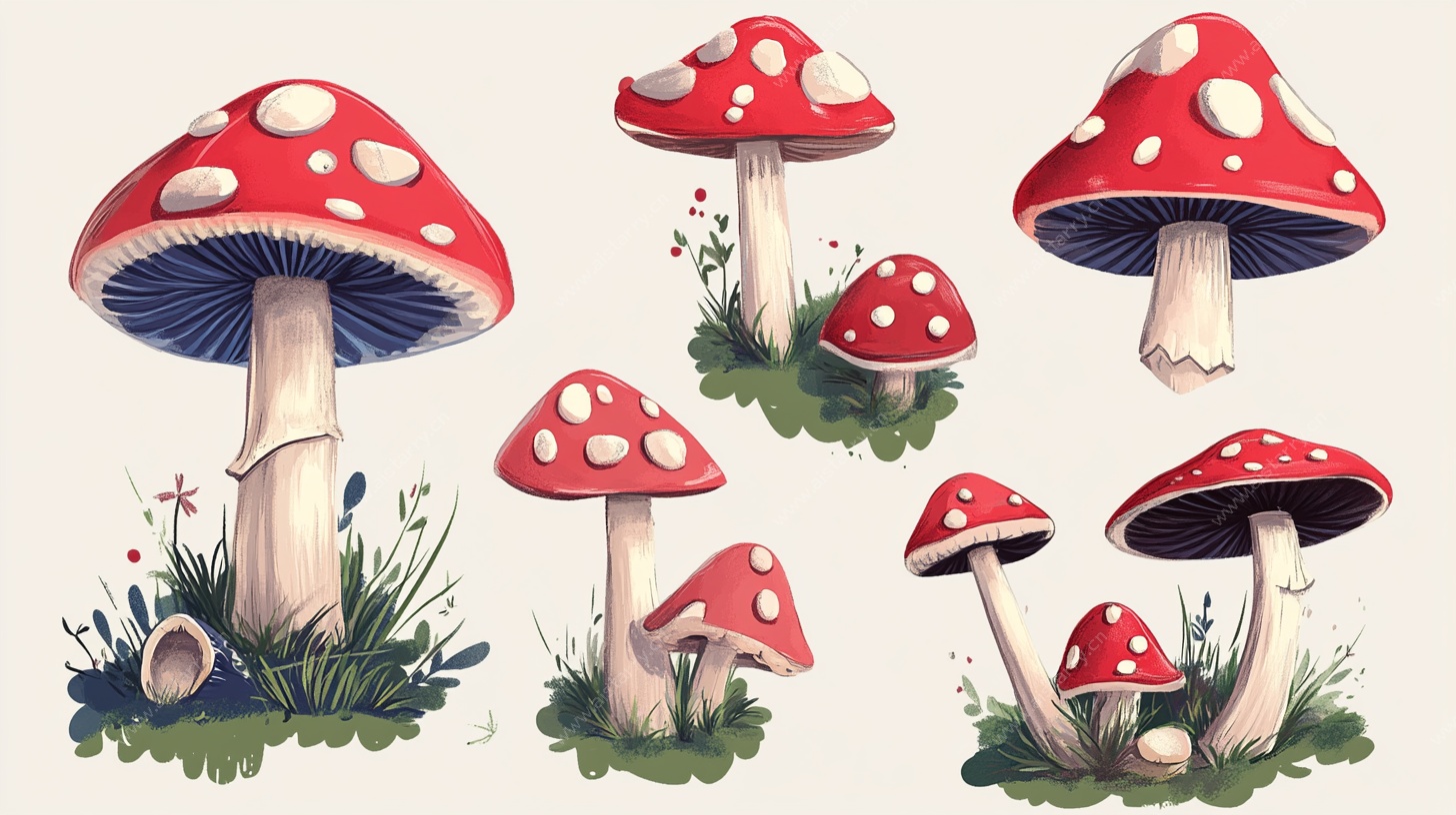 手绘红白斑点蘑菇插画