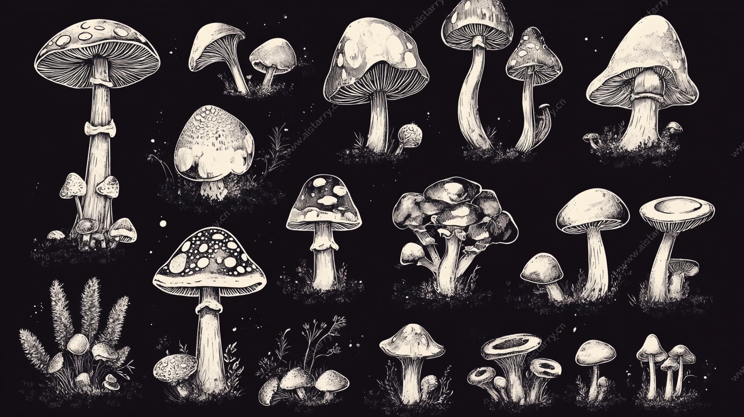 手绘奇幻蘑菇集合插画