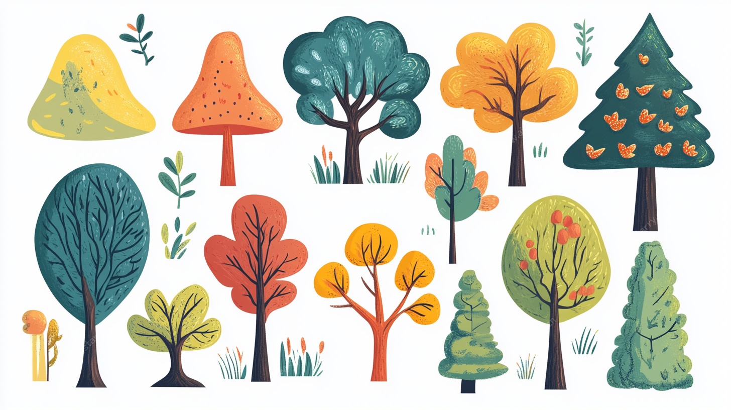 多彩手绘风格树木插画集合