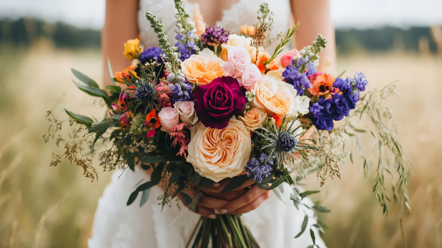 新娘手捧多彩鲜花花束