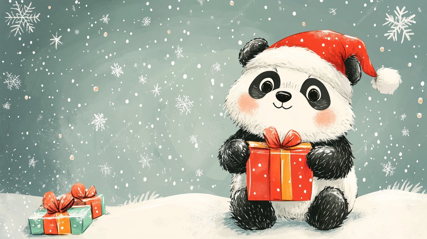 圣诞熊猫抱礼盒贺佳节