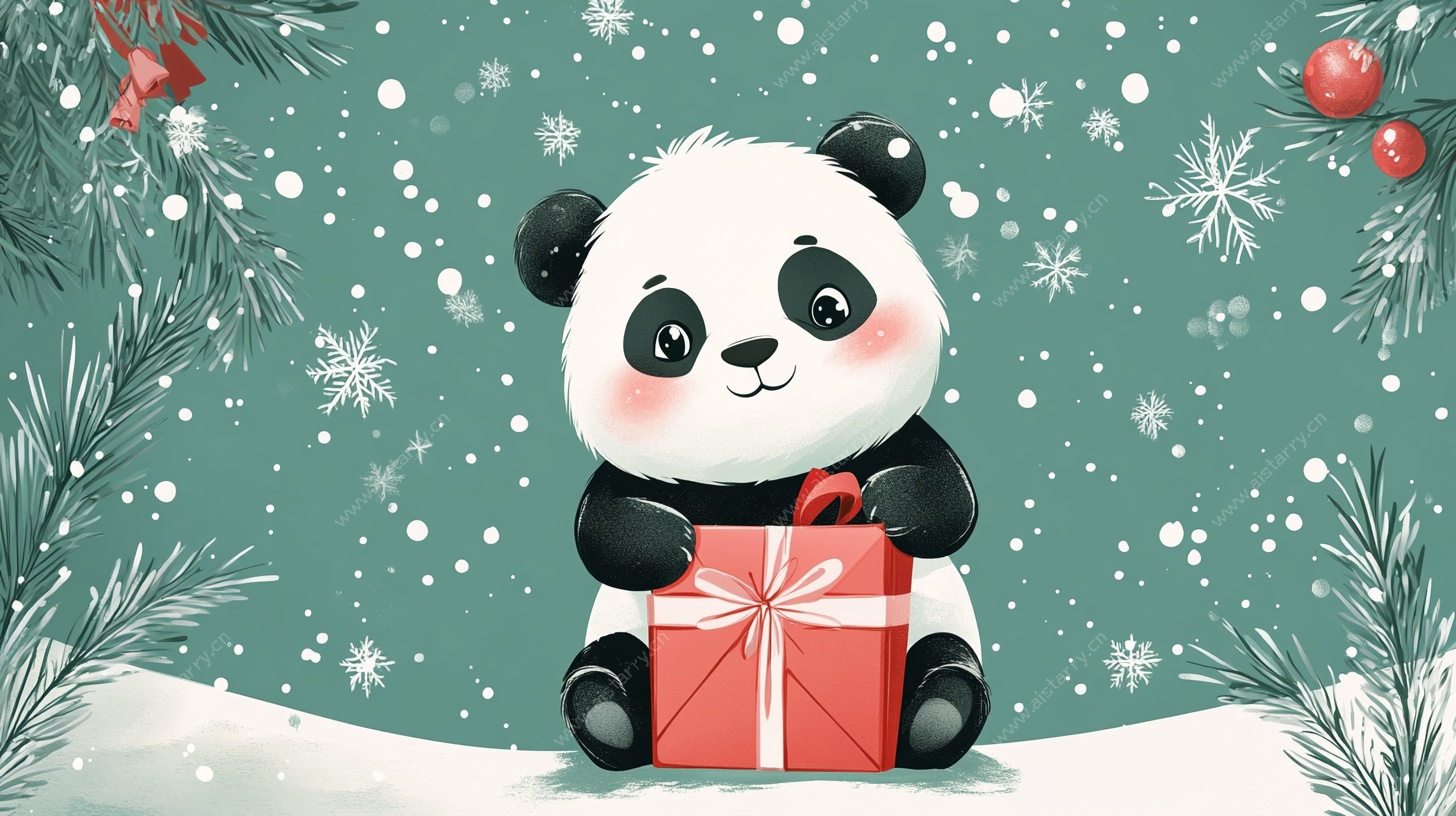 圣诞熊猫抱礼盒插画
