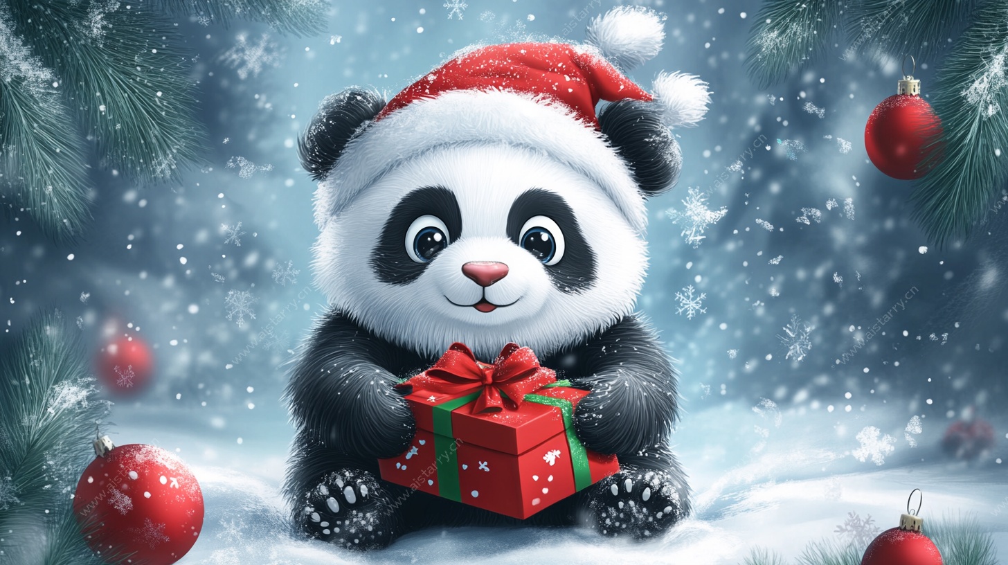 戴圣诞帽熊猫抱礼物