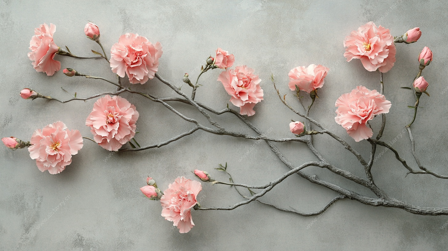 粉色花卉枝条静物图