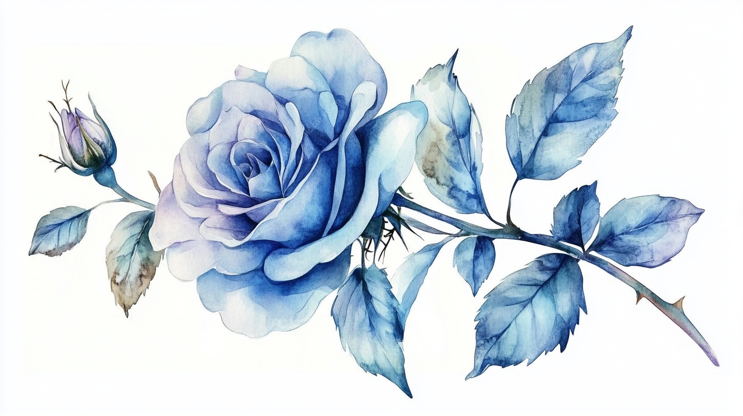 蓝色玫瑰水彩画