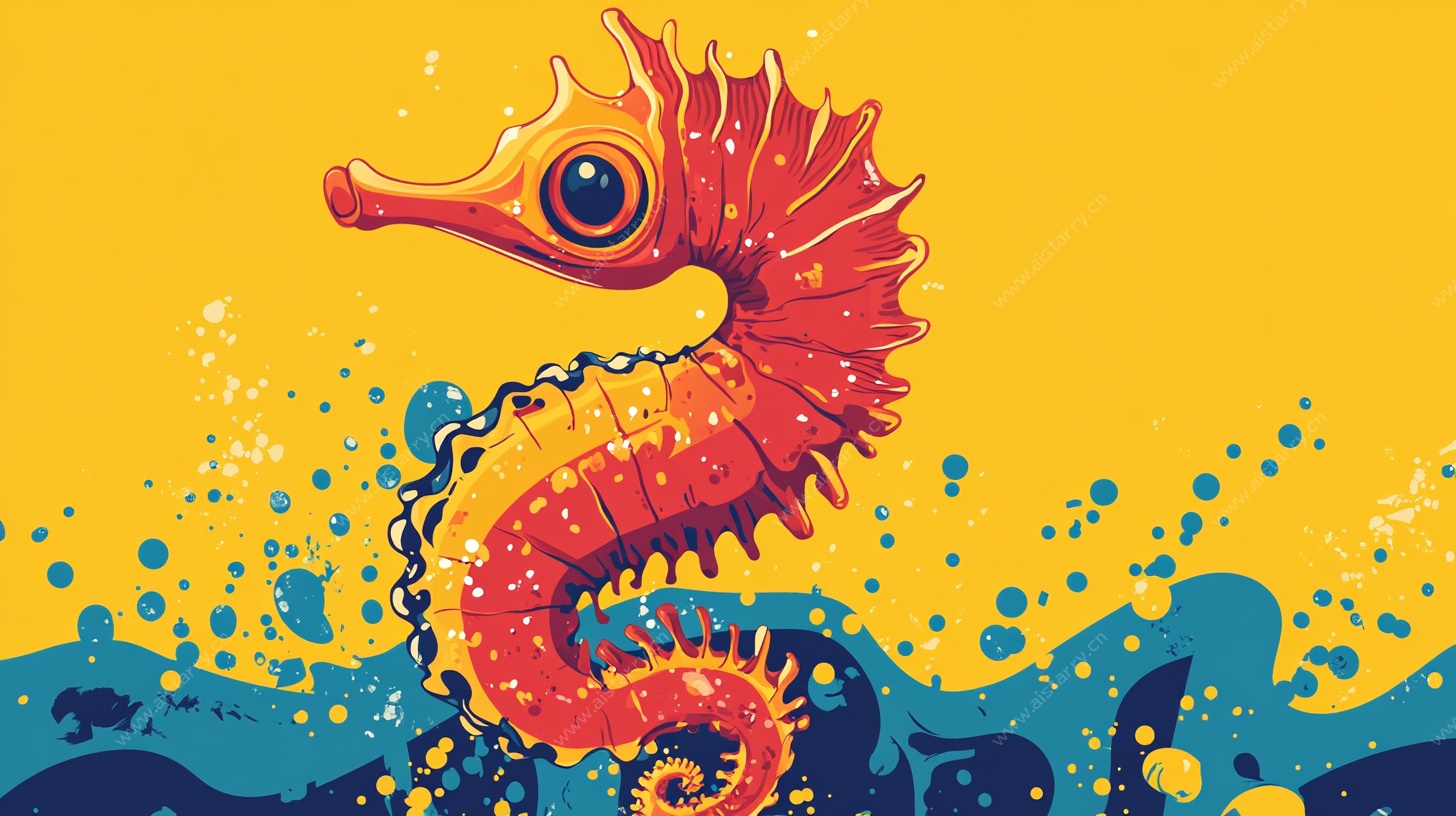 卡通海马跃出蓝色海浪