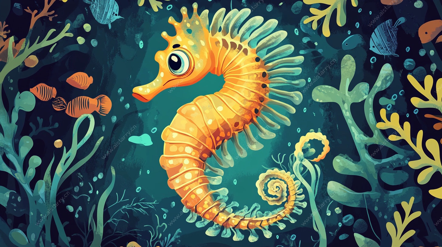 海洋中的奇幻海马插画