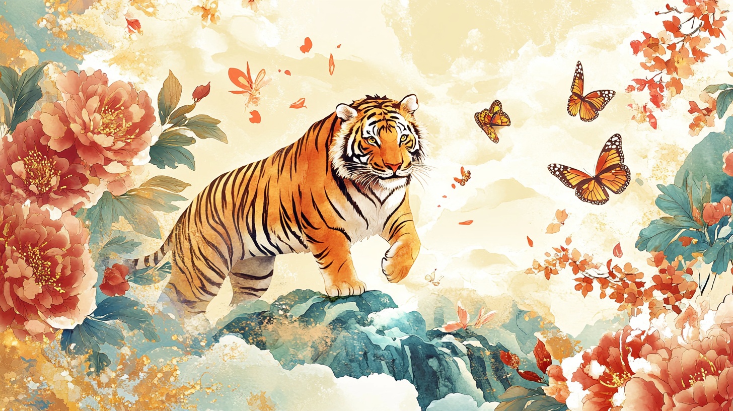 猛虎繁花间 蝶舞添生机