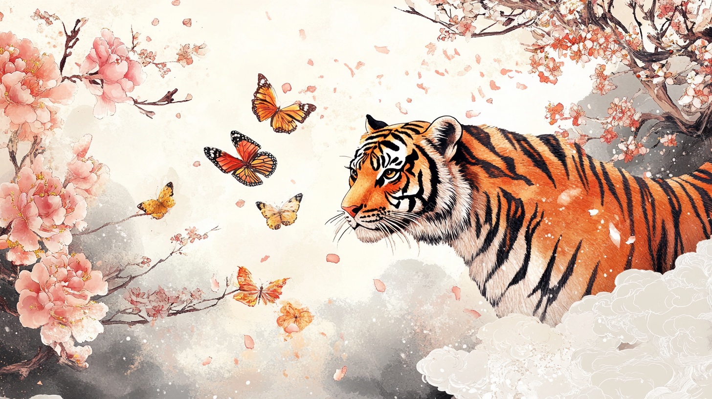 虎赏蝶舞春景图