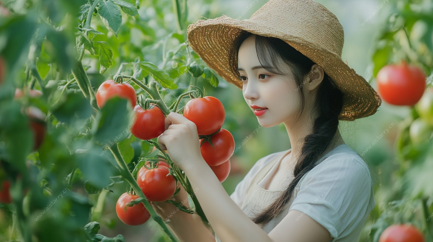 田园少女采摘番茄瞬间