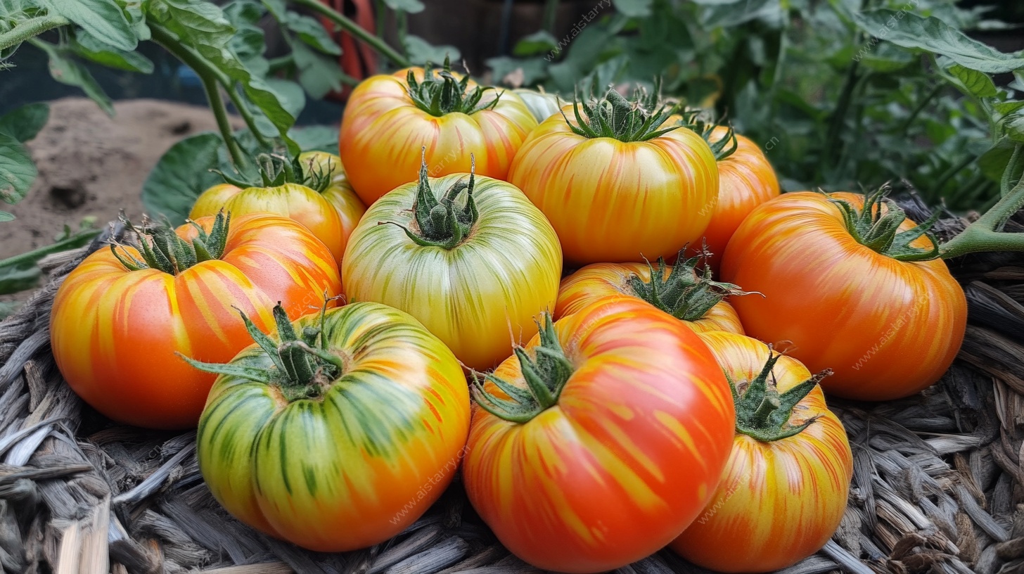 多彩番茄堆放在田园背景中