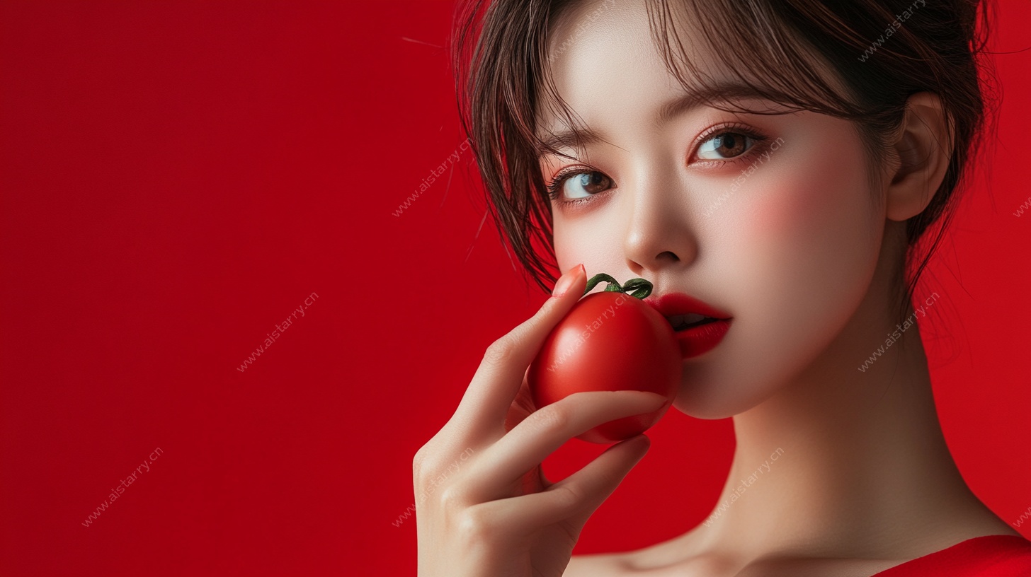 红衣佳人手持番茄写真