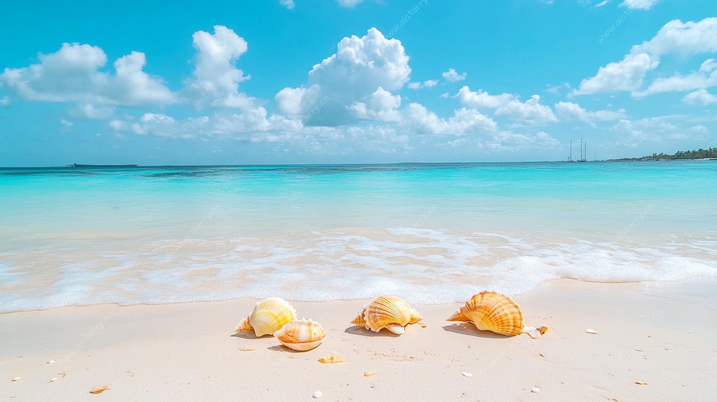 沙滩贝壳与碧海蓝天美景