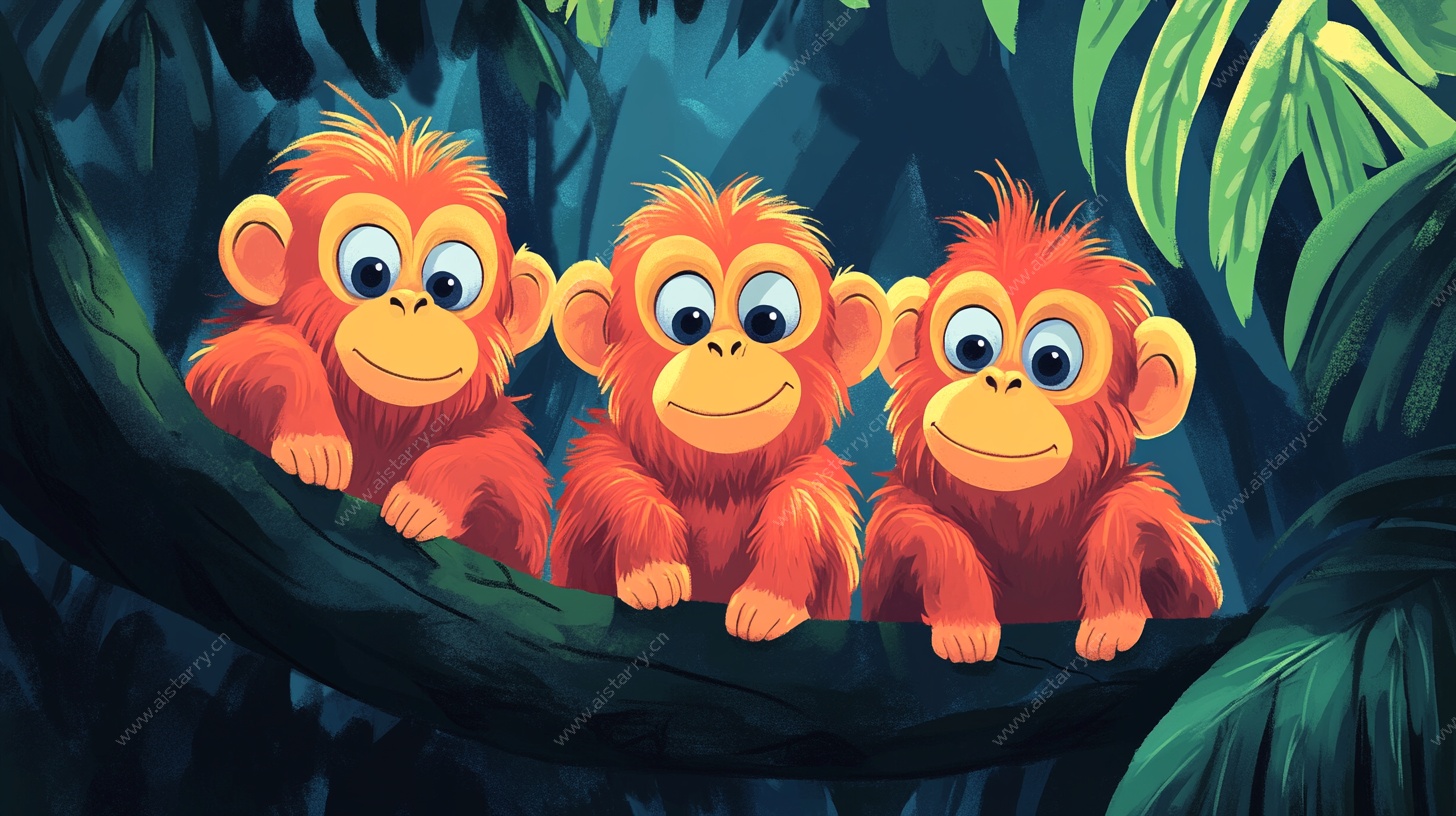 三只萌猴栖于雨林树枝间