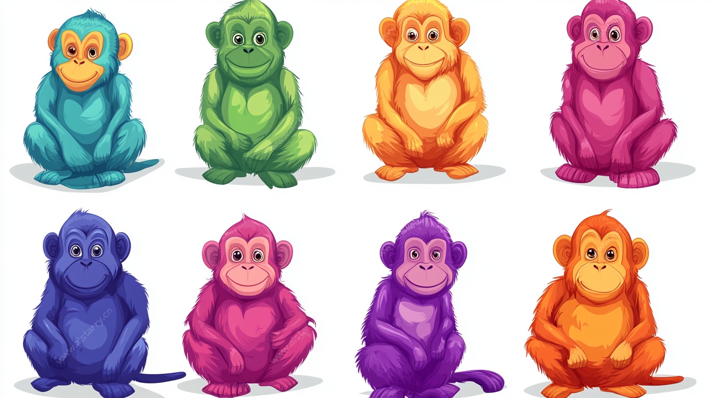 多彩坐姿小猴插画