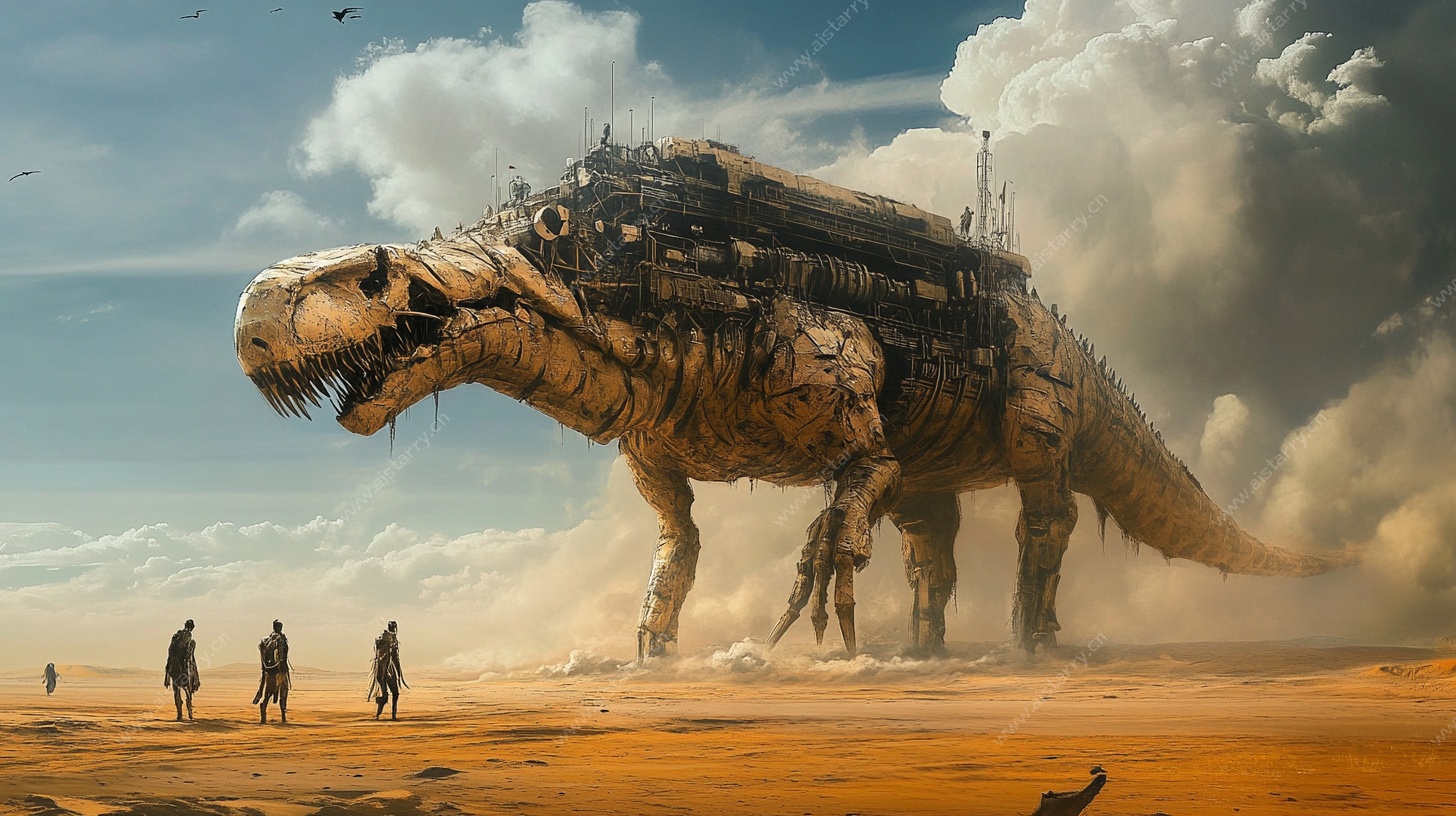 机械恐龙漫步荒漠场景