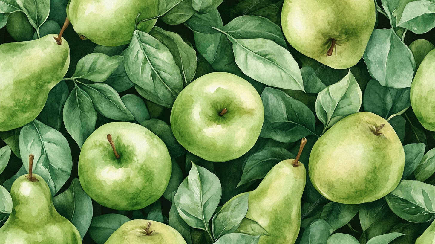 青苹果与梨的水彩静物图