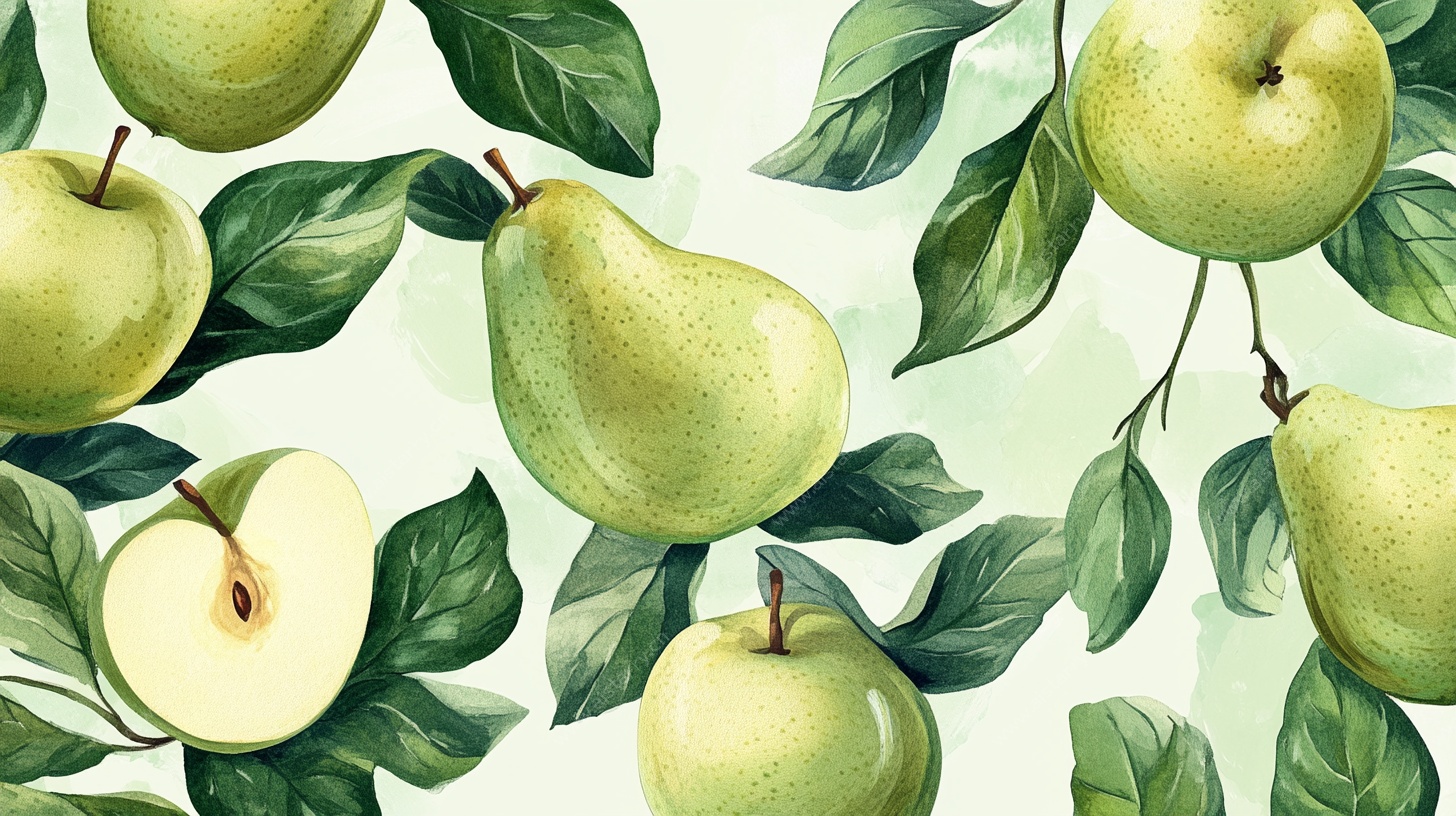 青苹果与梨的水彩插画