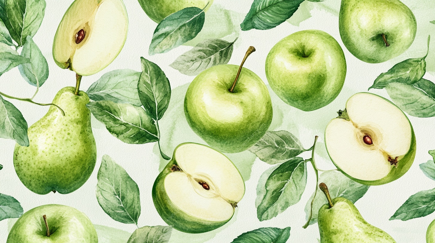 青苹果与梨的水彩图案