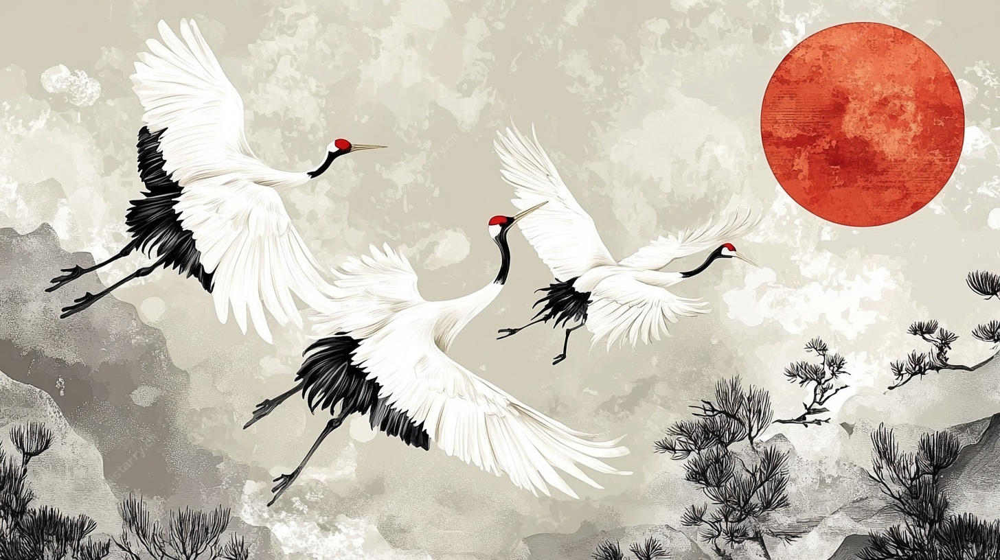 红日下仙鹤翱翔图