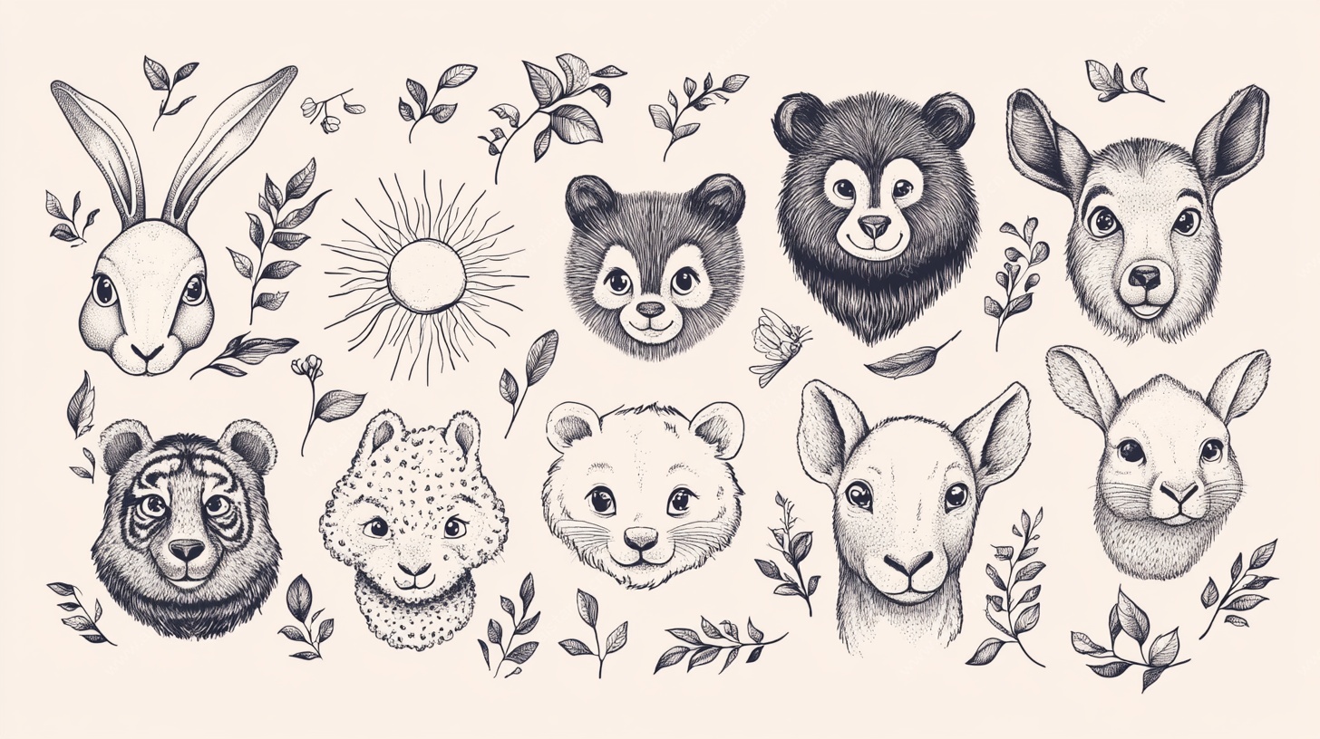 手绘动物头像集合插画