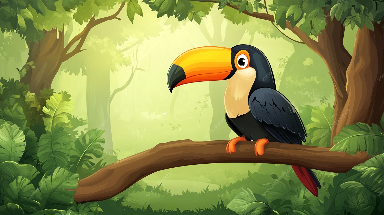 巨嘴鸟栖于丛林树枝间