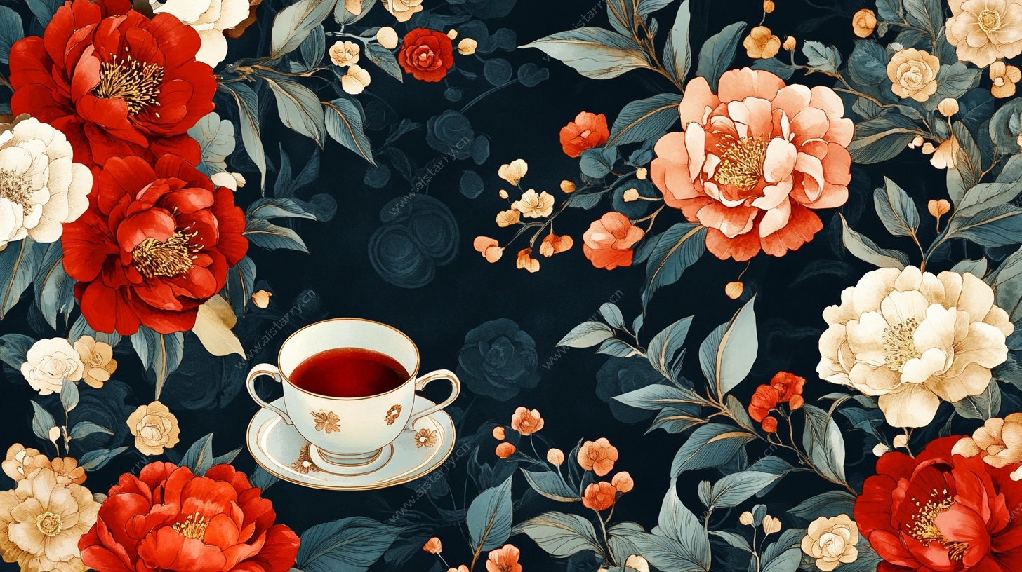 花卉环绕的优雅茶杯图案