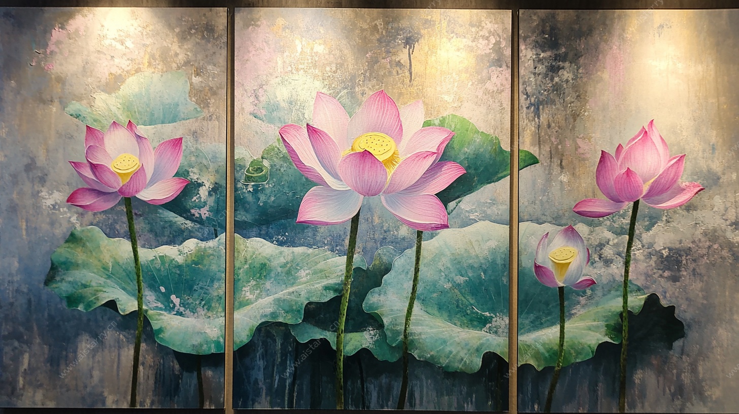 三联水墨荷花艺术画作