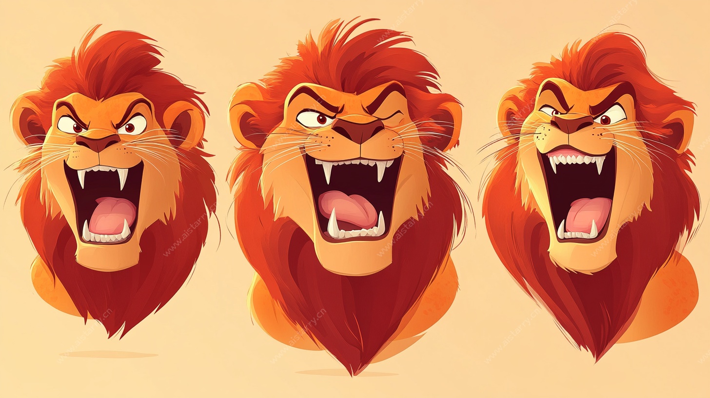 三张怒吼的卡通狮子头