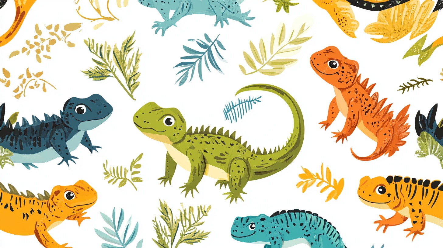 多彩蜥蜴与植物插画图案