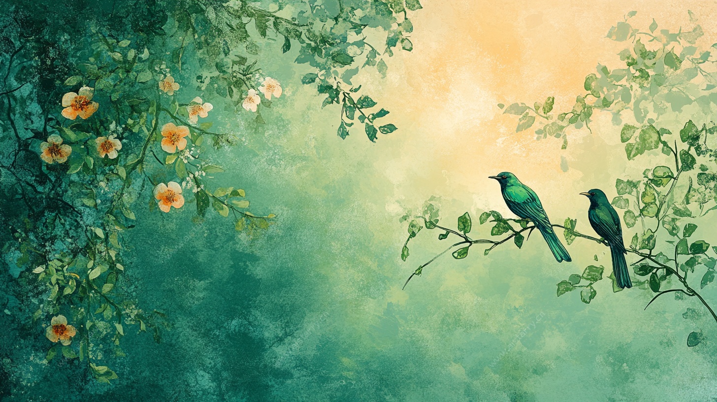 双鸟栖枝水彩画