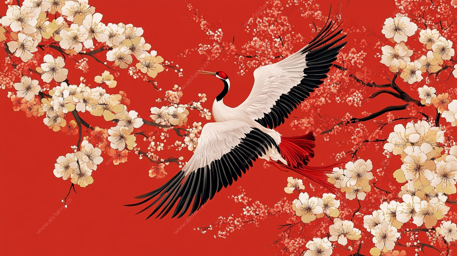 红底仙鹤栖繁花图