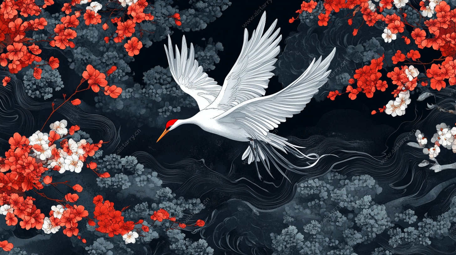 飞鹤映繁花中式意境图