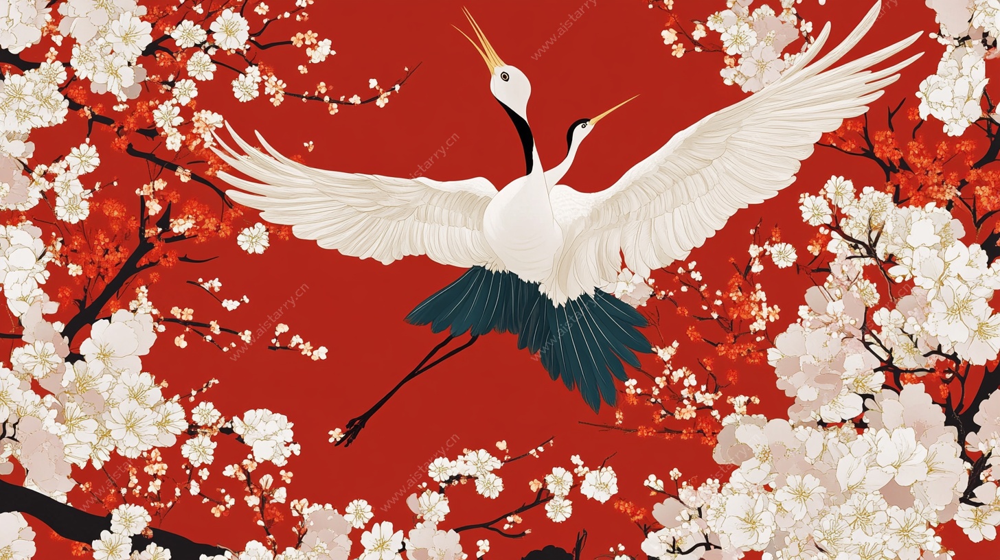 丹顶鹤于繁花间展翅