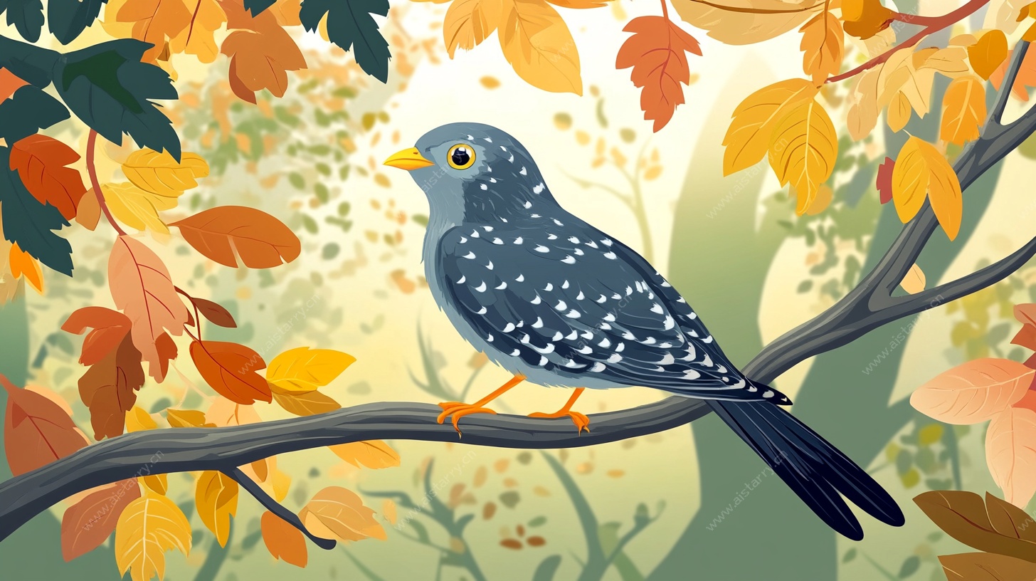 秋日栖枝鸟插画
