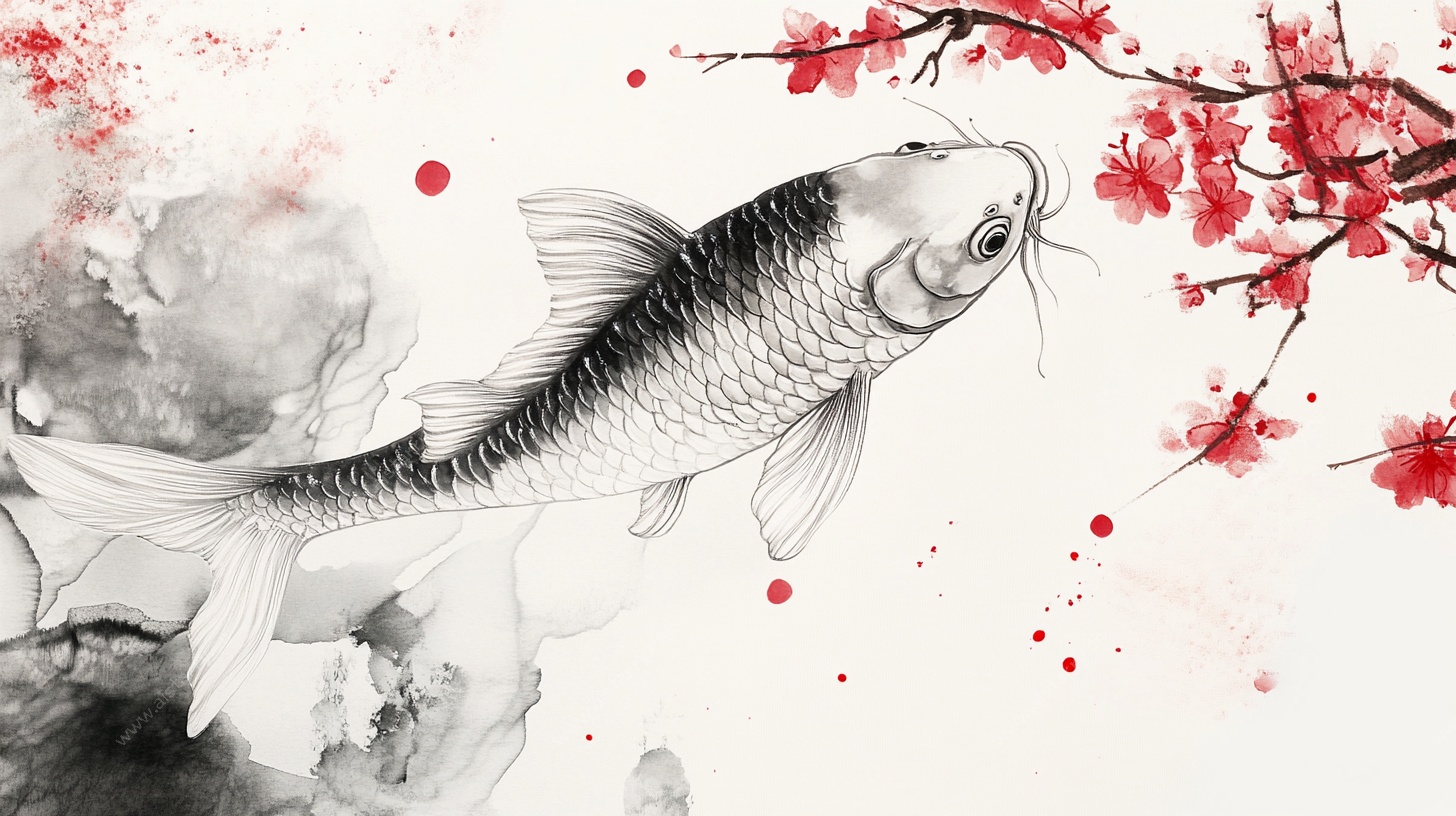 水墨锦鲤戏红梅